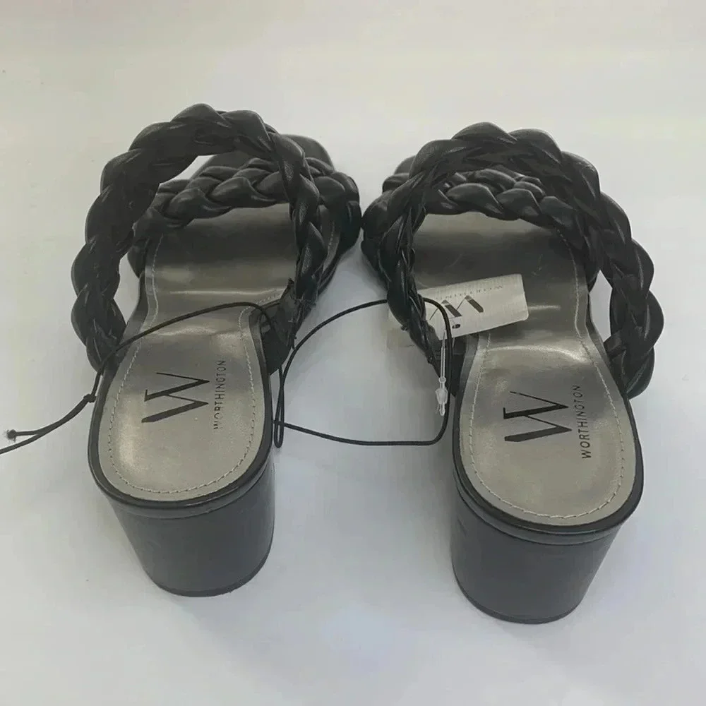 Worthington Braided Strap Mules Sandals Black Chunky Heel Women’s Sz 6.5 NWT